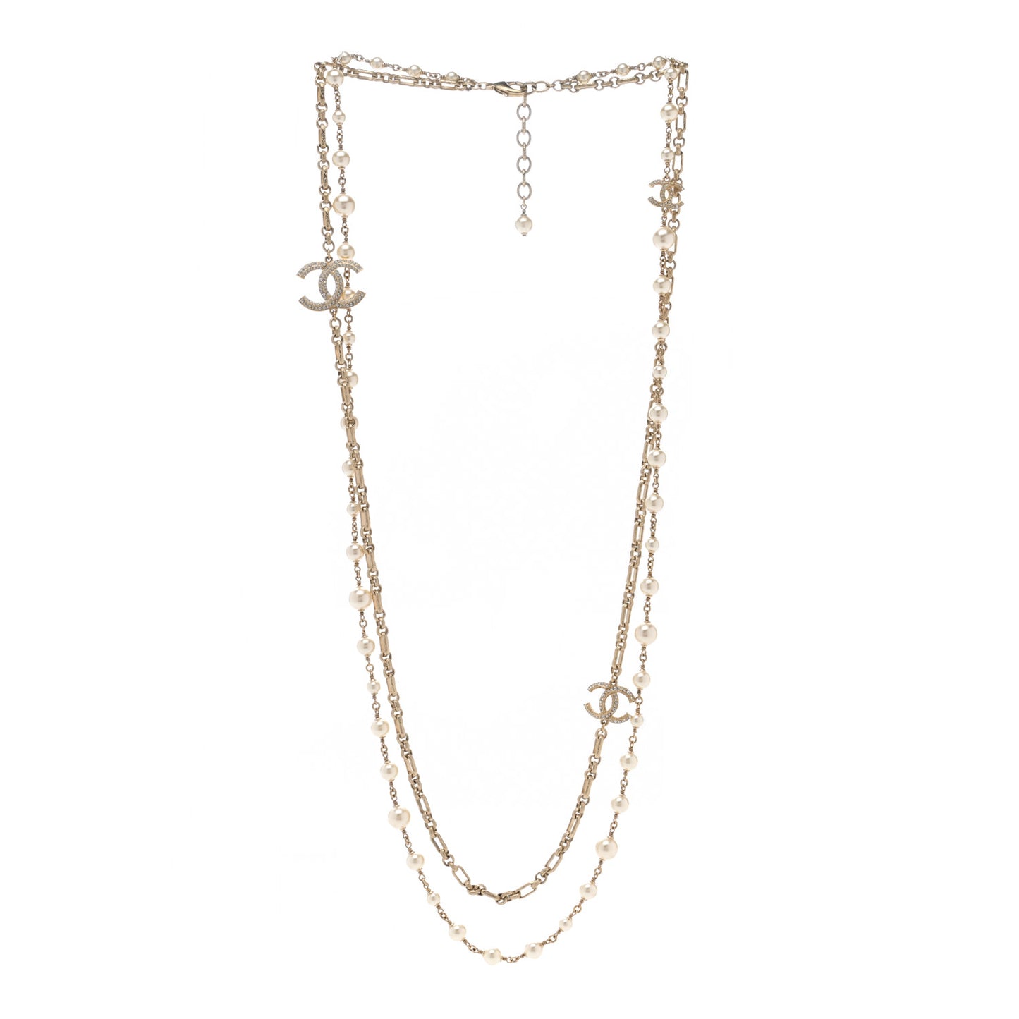 Crystal Pearl CC Long Necklace Silver