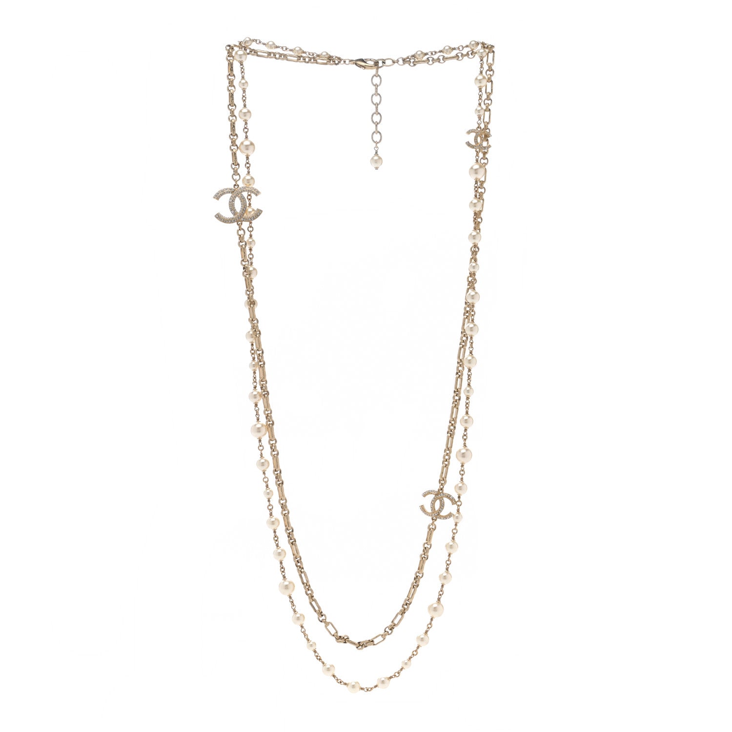 Chanel Crystal Pearl CC Long Necklace Silver 3 of 5