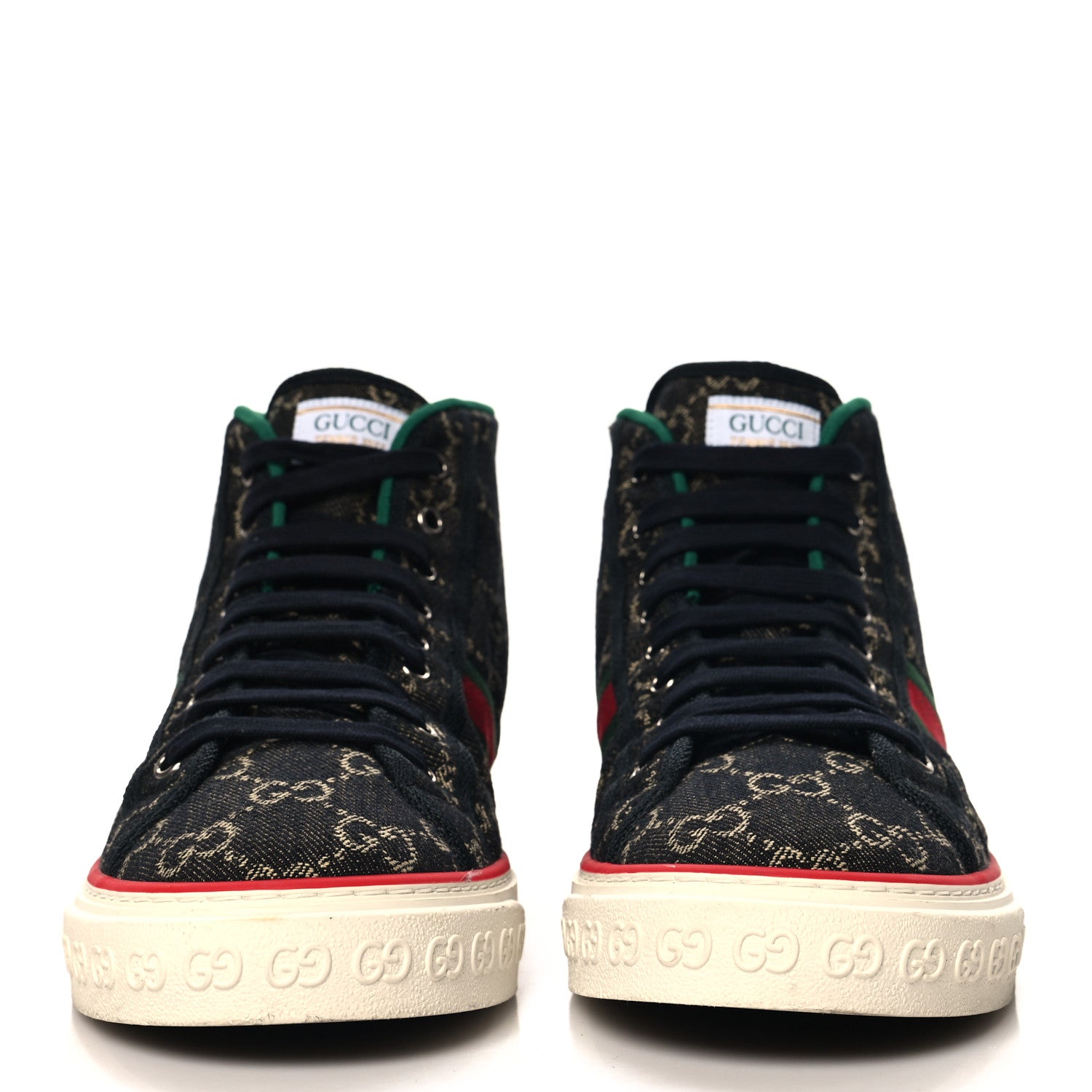 Gucci New Denim GG Monogram Web Mens 1977 Tennis High Top Sneakers 7.5 Black Ivory 3 of 9