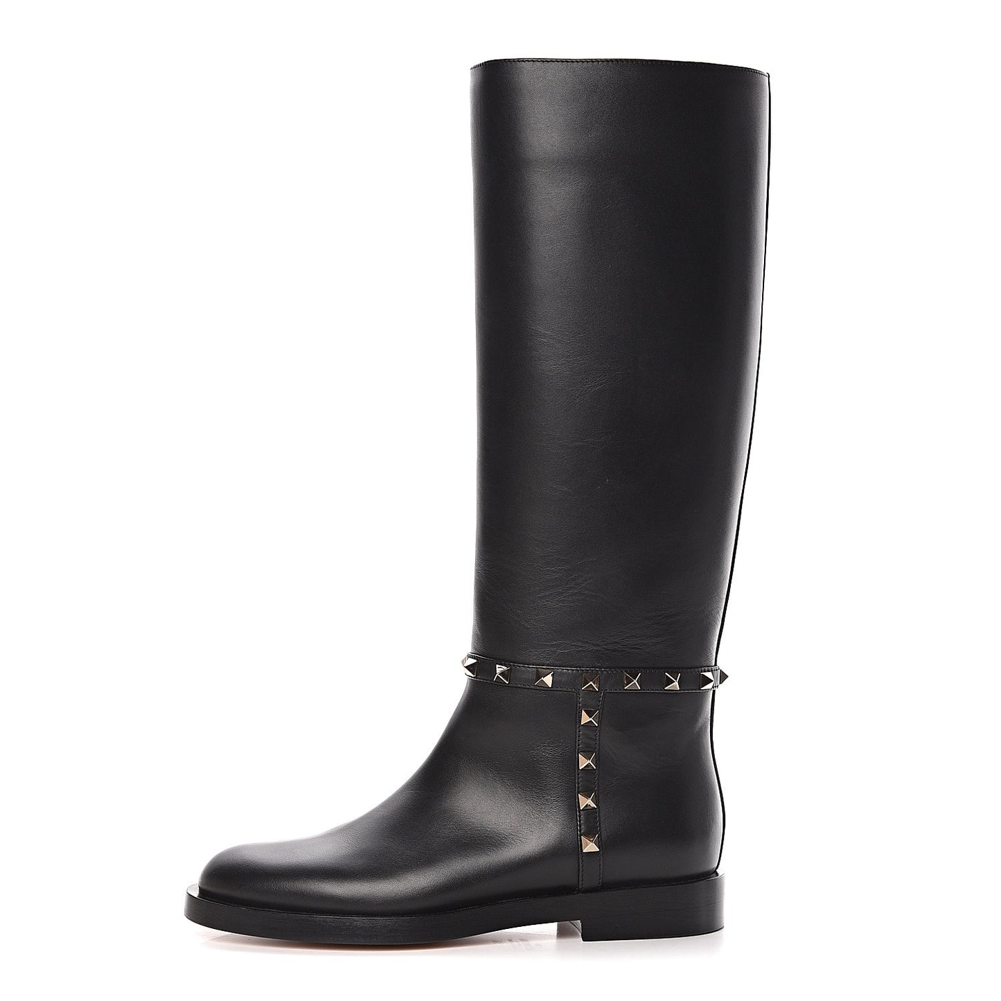 Calfskin Rockstud Knee High Flat Boots 36 Black