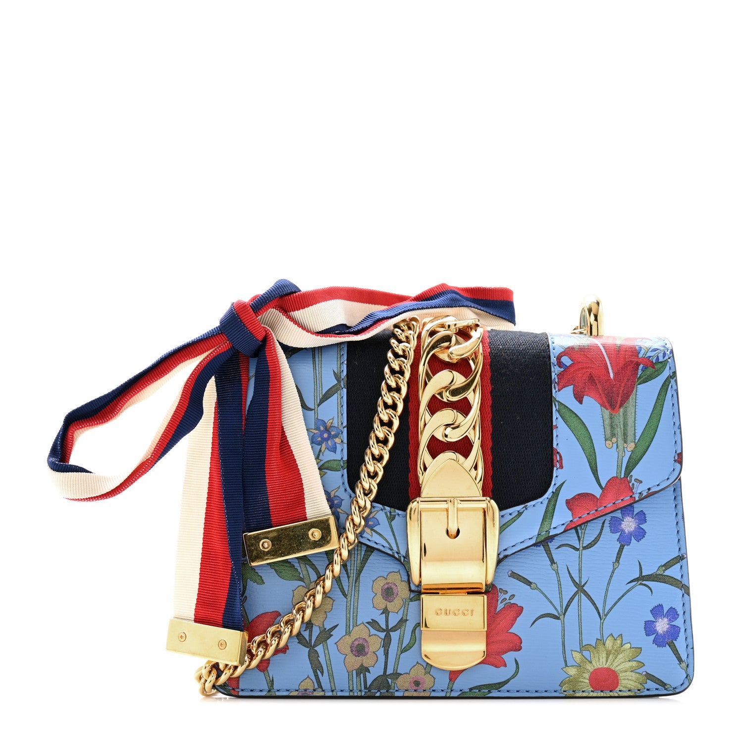 Gucci Shangai Calfskin Web New Flora Mini Sylvie Chain Shoulder Bag Azure 1 of 11