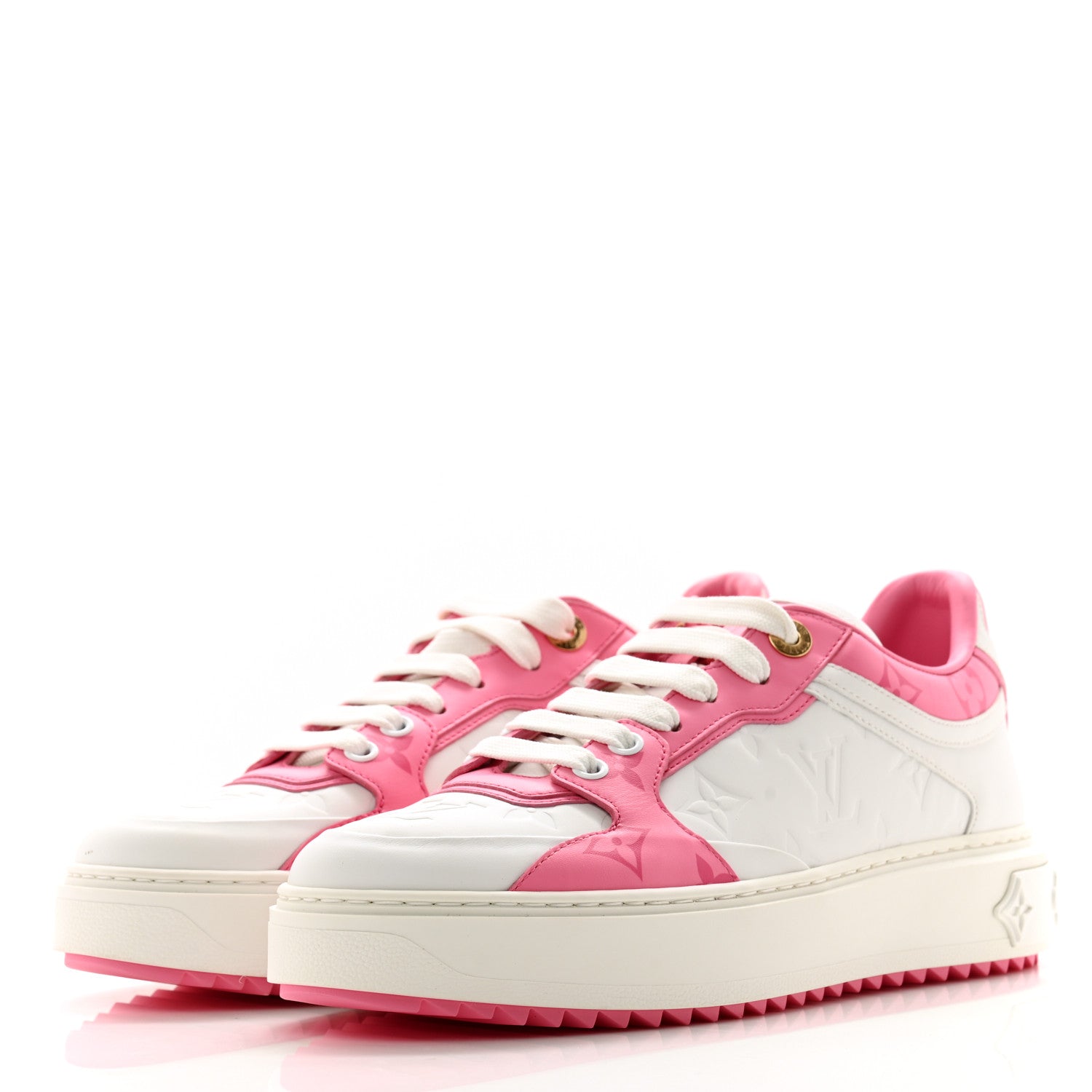 Louis Vuitton Lambskin Embossed Monogram Time Out Sneakers 37.5 White Pink 3 of 10