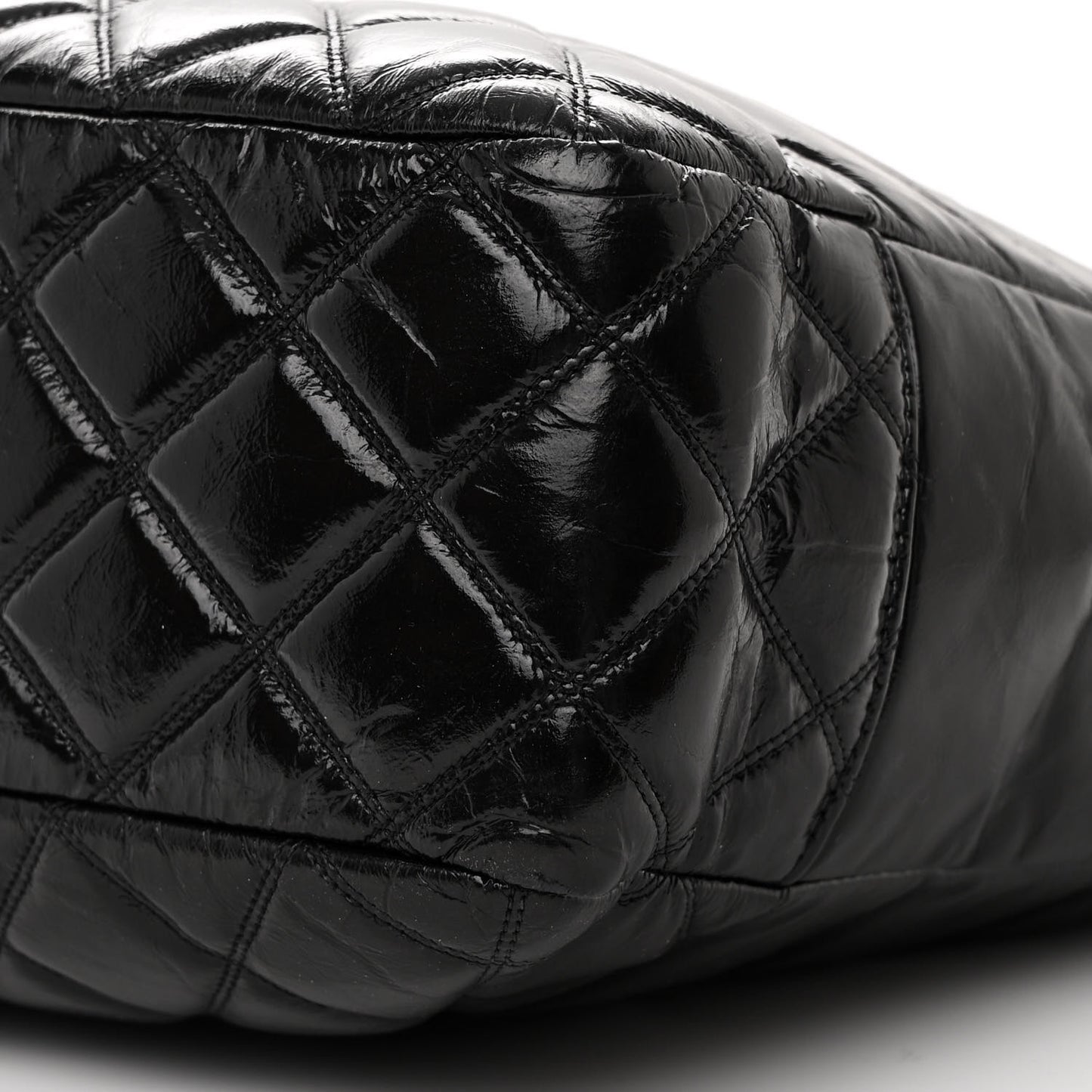 Shiny Aged Calfskin Quilted Large Shopping Bag Black