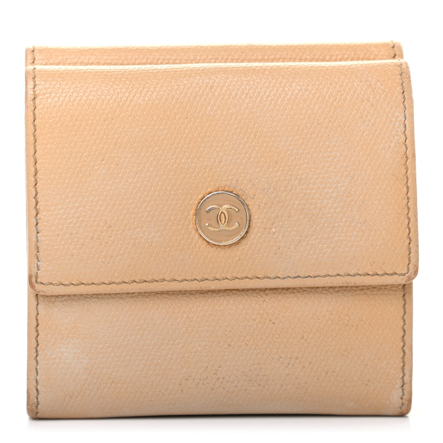 Grained Calfskin CC Button Compact Wallet Beige
