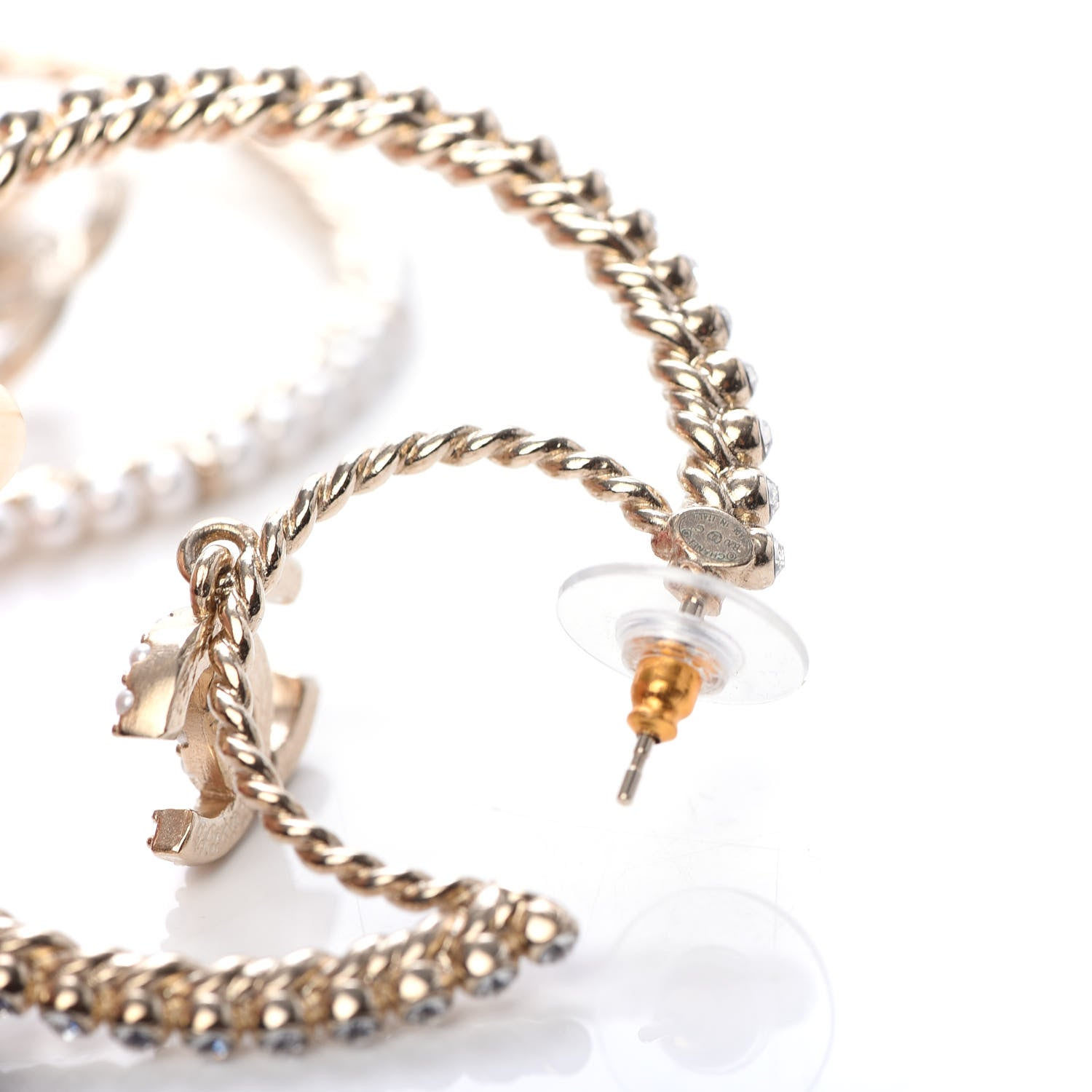 Chanel Crystal Pearl CC Drop Hoop Earrings Gold Pearly White 5 of 6