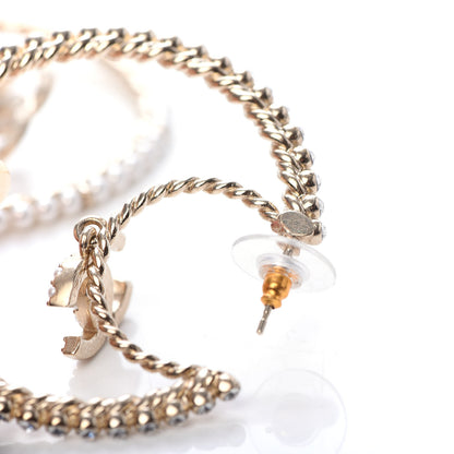 Chanel Crystal Pearl CC Drop Hoop Earrings Gold Pearly White 5 of 6