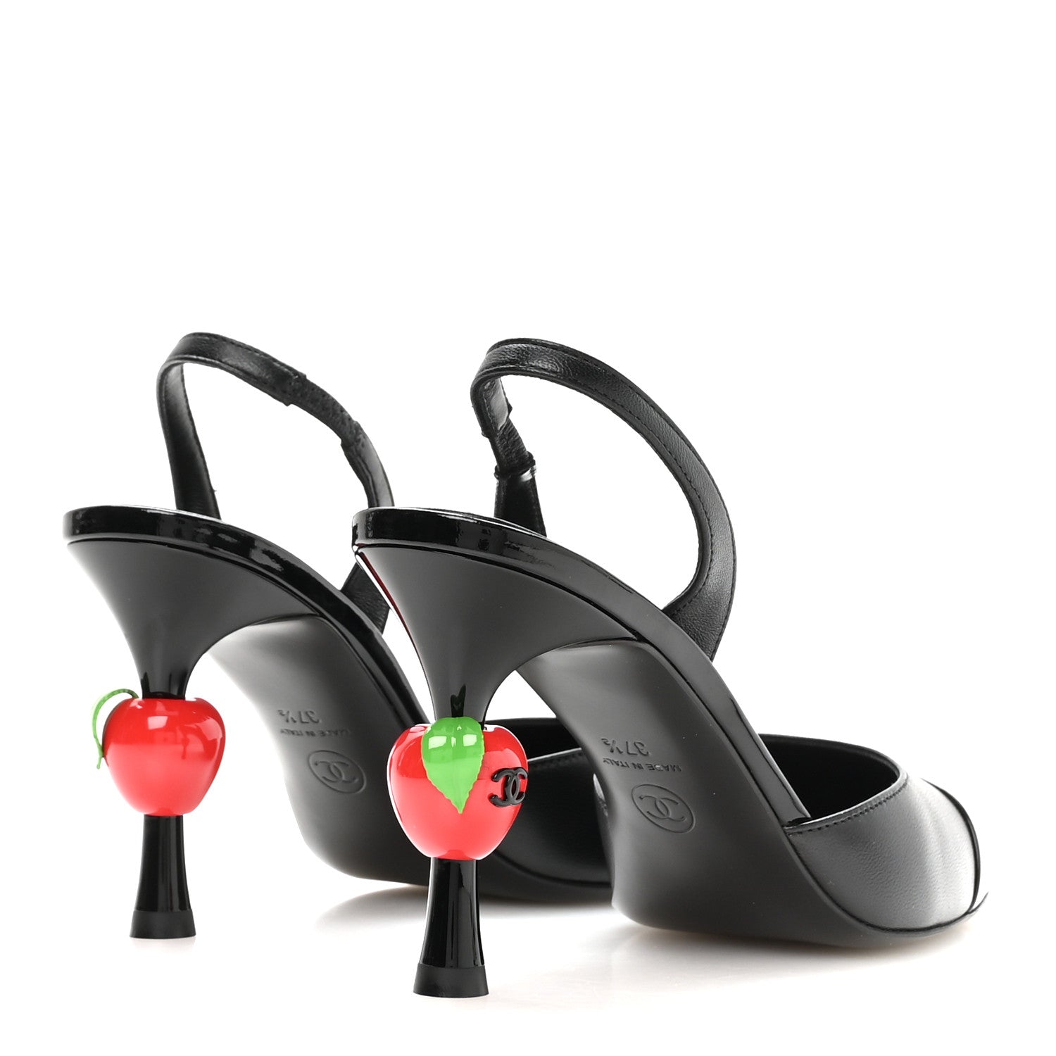 Chanel Lambskin Patent Calfskin Cap Toe CC Apple Slingback Pumps 37.5 Black 5 of 9