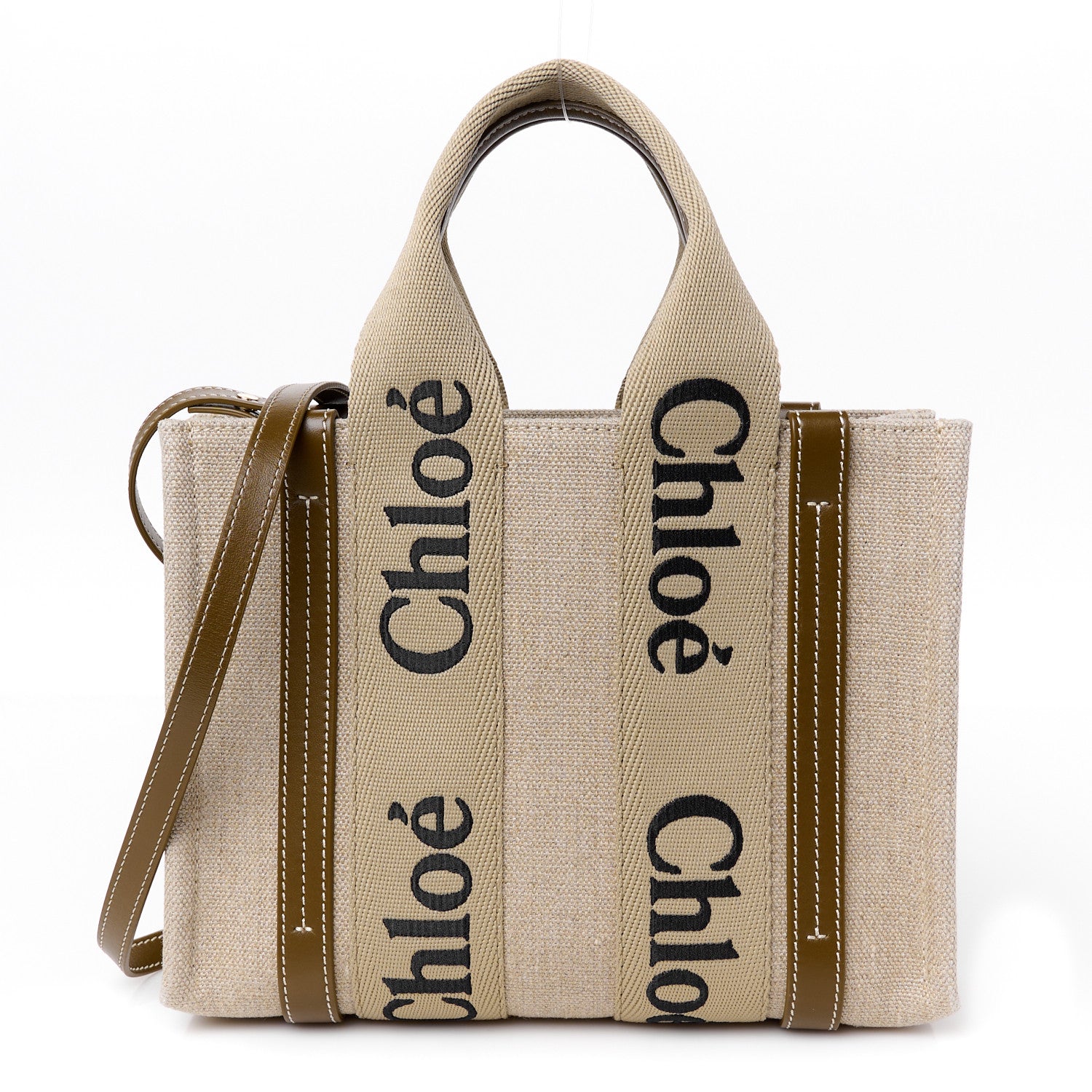 Chloe Cotton Calfskin Small Woody Ribbon Tote With Strap White Brown 1 of 11