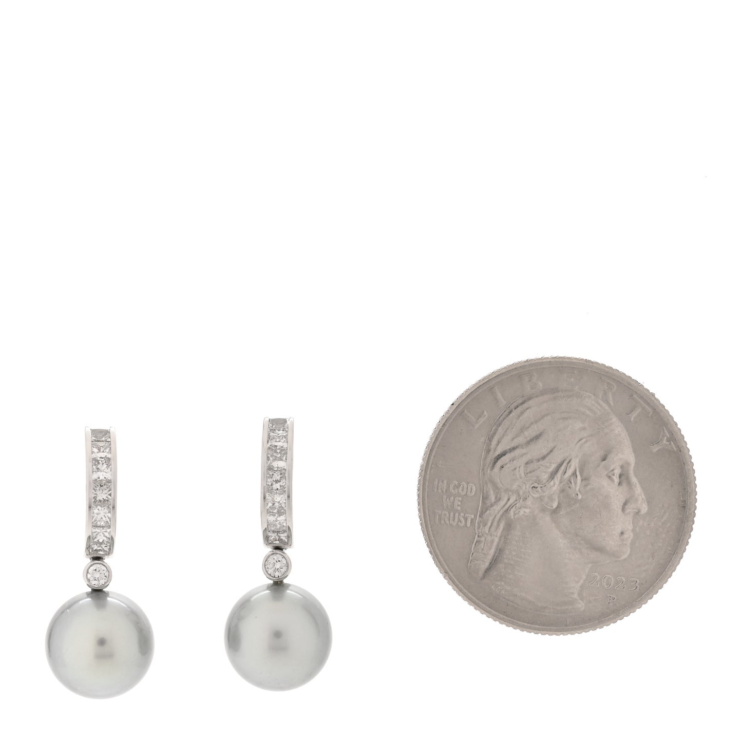 18K White Gold Diamond South Sea Grey Cultured Pearl 9.5-10mm Hoop Drop Earrings