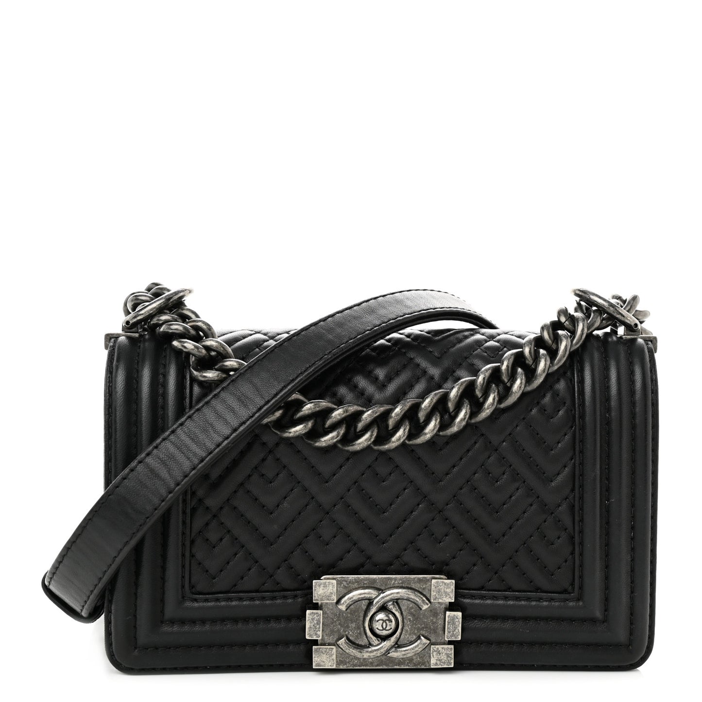 Lambskin Geometric Chevron Quilted Small Boy Flap Black
