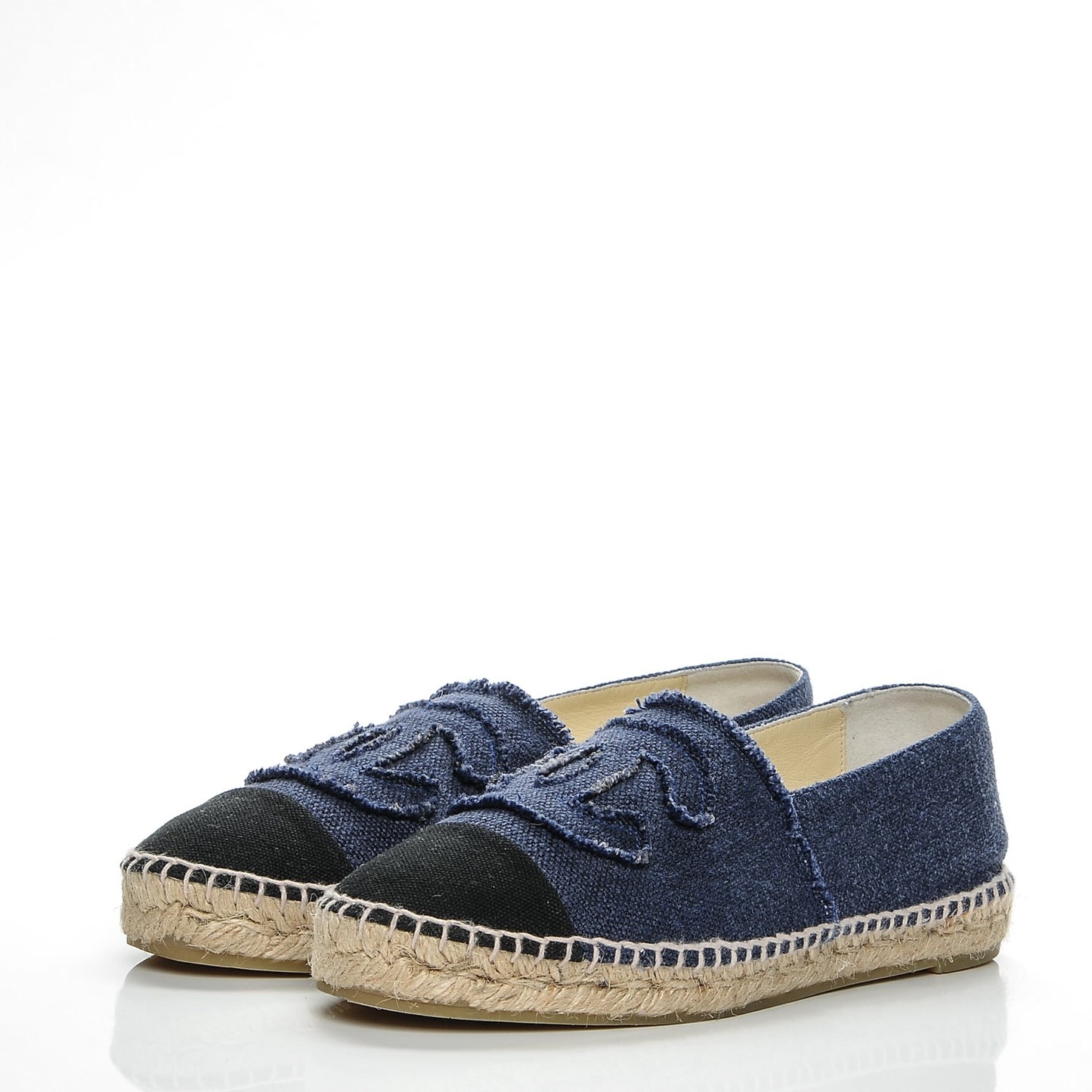 CHANEL Linen CC Espadrilles 38 Navy Black
