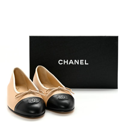 Chanel Lambskin Cap Toe CC Ballerina Flats 37.5 Beige Black 12 of 12
