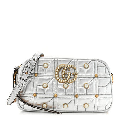 Gucci Metallic Calfskin Matelasse Studded Small Pearly GG Marmont Chain Shoulder Bag Silver 1 of 10