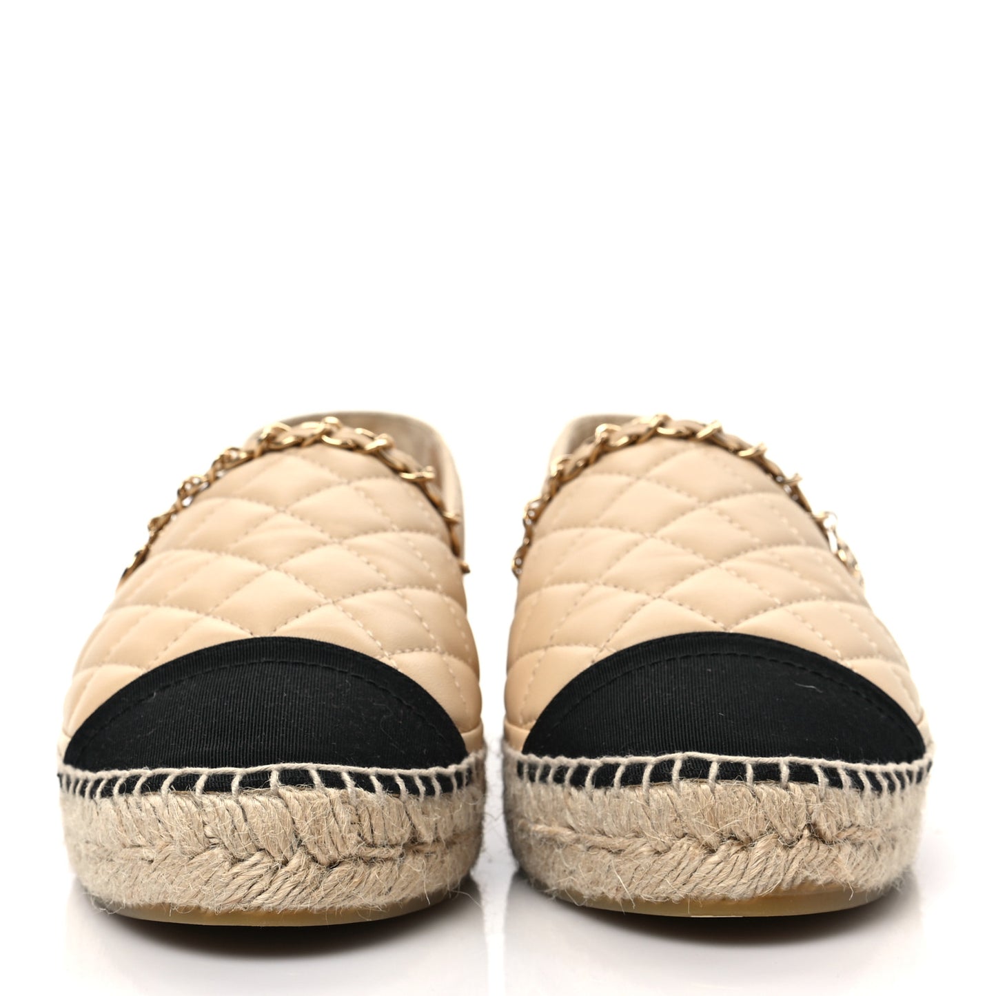Lambskin Grosgrain Quilted CC Chain Espadrilles 40 Beige Black