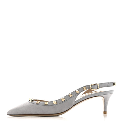 Valentino Garavani Suede Nappa Rockstud Half d'Orsay Slingback 50mm Pumps 37.5 Pastel Grey 1 of 10