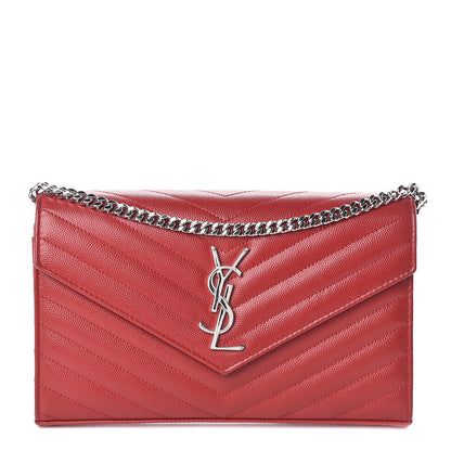 Saint Laurent Grain De Poudre Matelasse Chevron Monogram Chain Wallet New Red 1 of 9