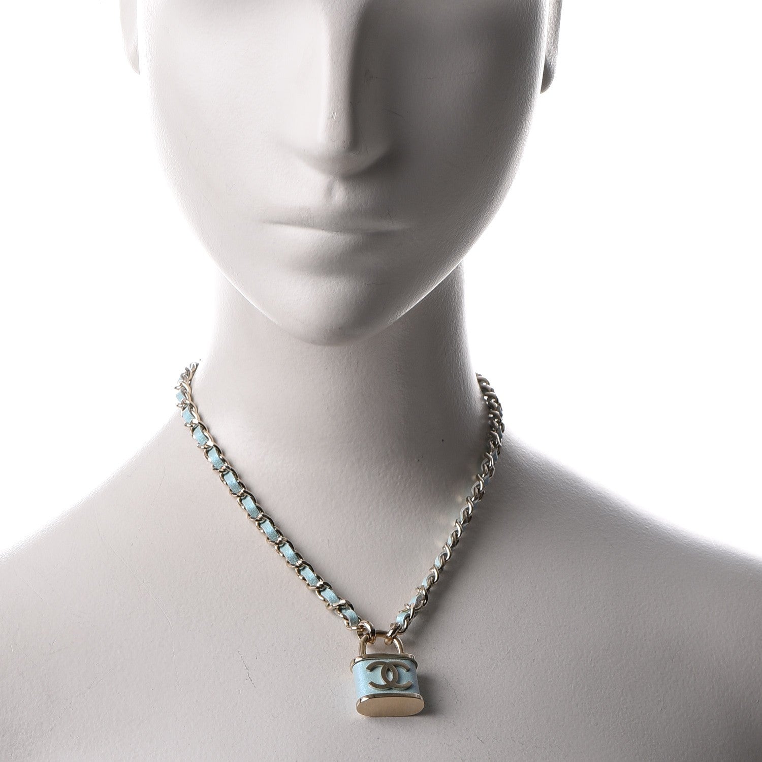 Chanel Calfskin Metal Padlock Necklace Gold Iridescent Blue 2 of 7