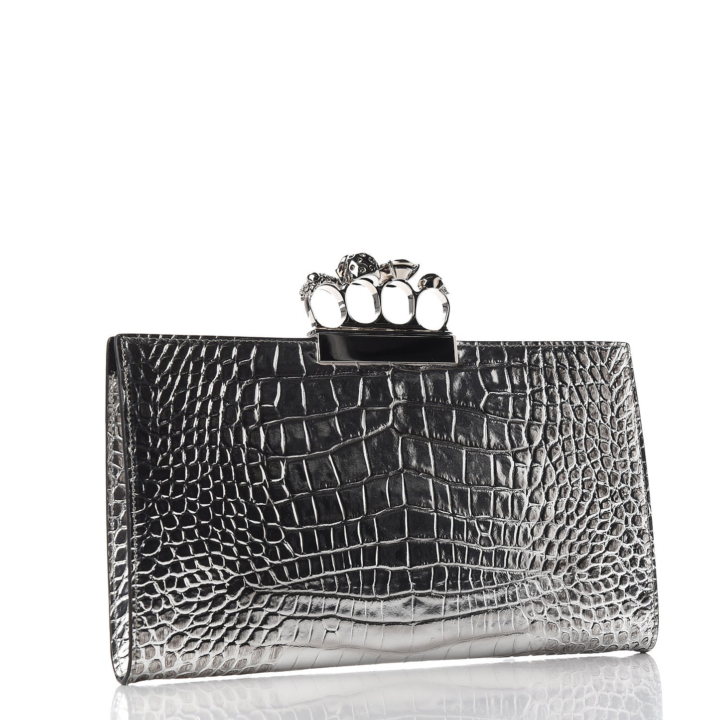 Metallic Crocodile Embossed Calfskin Knuckle Flat Clutch Silver