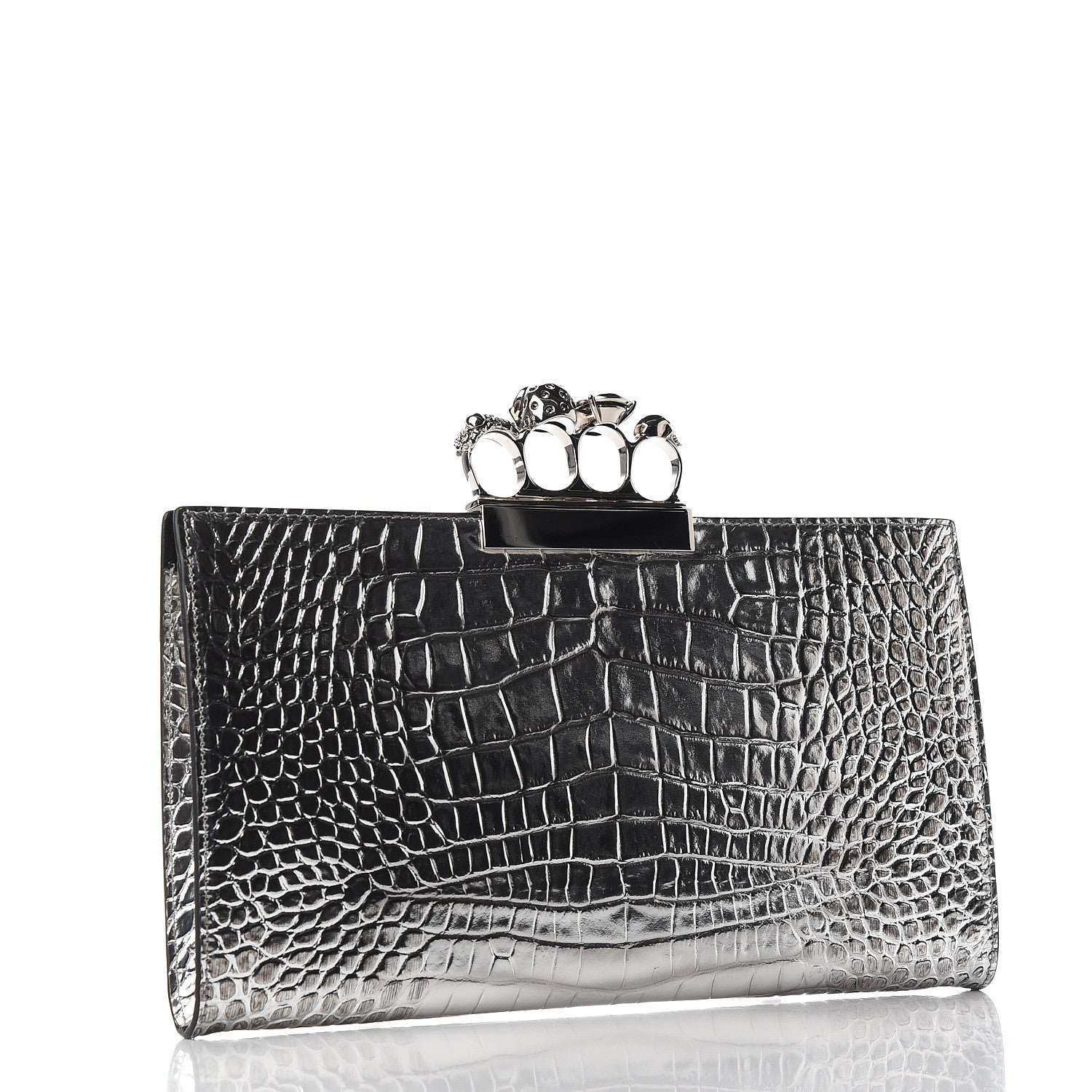 Alexander McQueen Metallic Crocodile Embossed Calfskin Knuckle Flat Clutch Silver 2 of 10