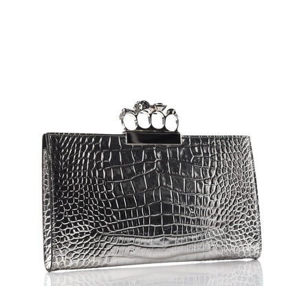 Alexander McQueen Metallic Crocodile Embossed Calfskin Knuckle Flat Clutch Silver 2 of 10
