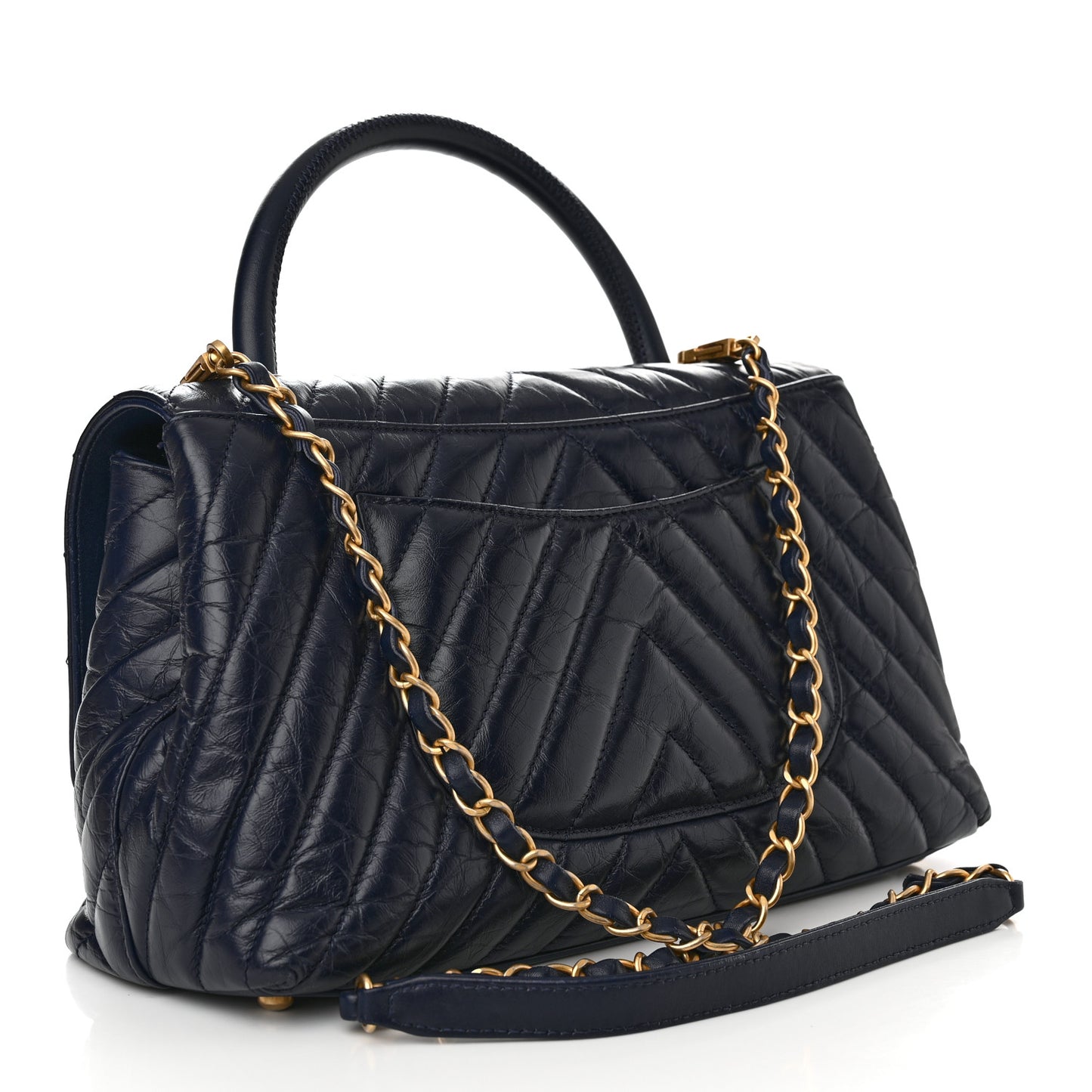 Aged Calfskin Chevron Quilted Small Coco Handle Flap Navy