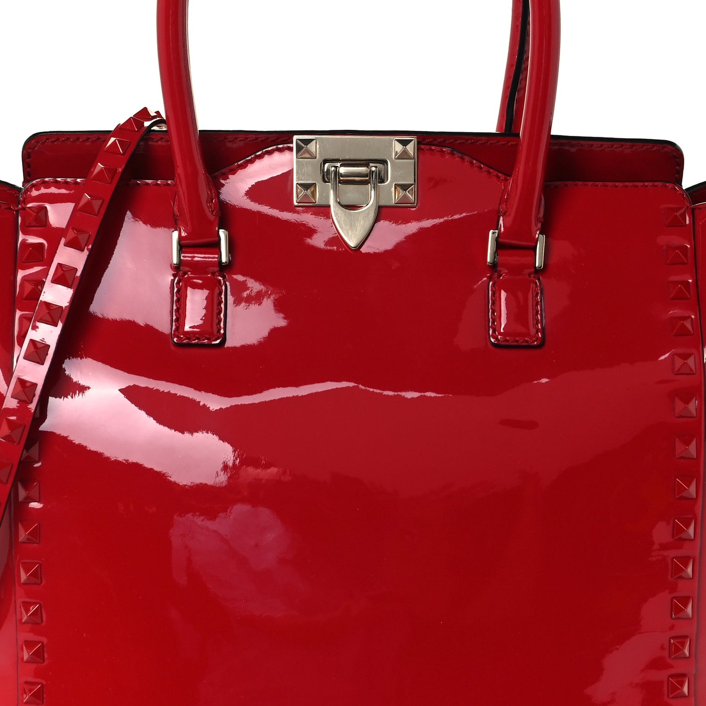 Patent Monochrome Rockstud Double Handle Tote Rosso Valentino