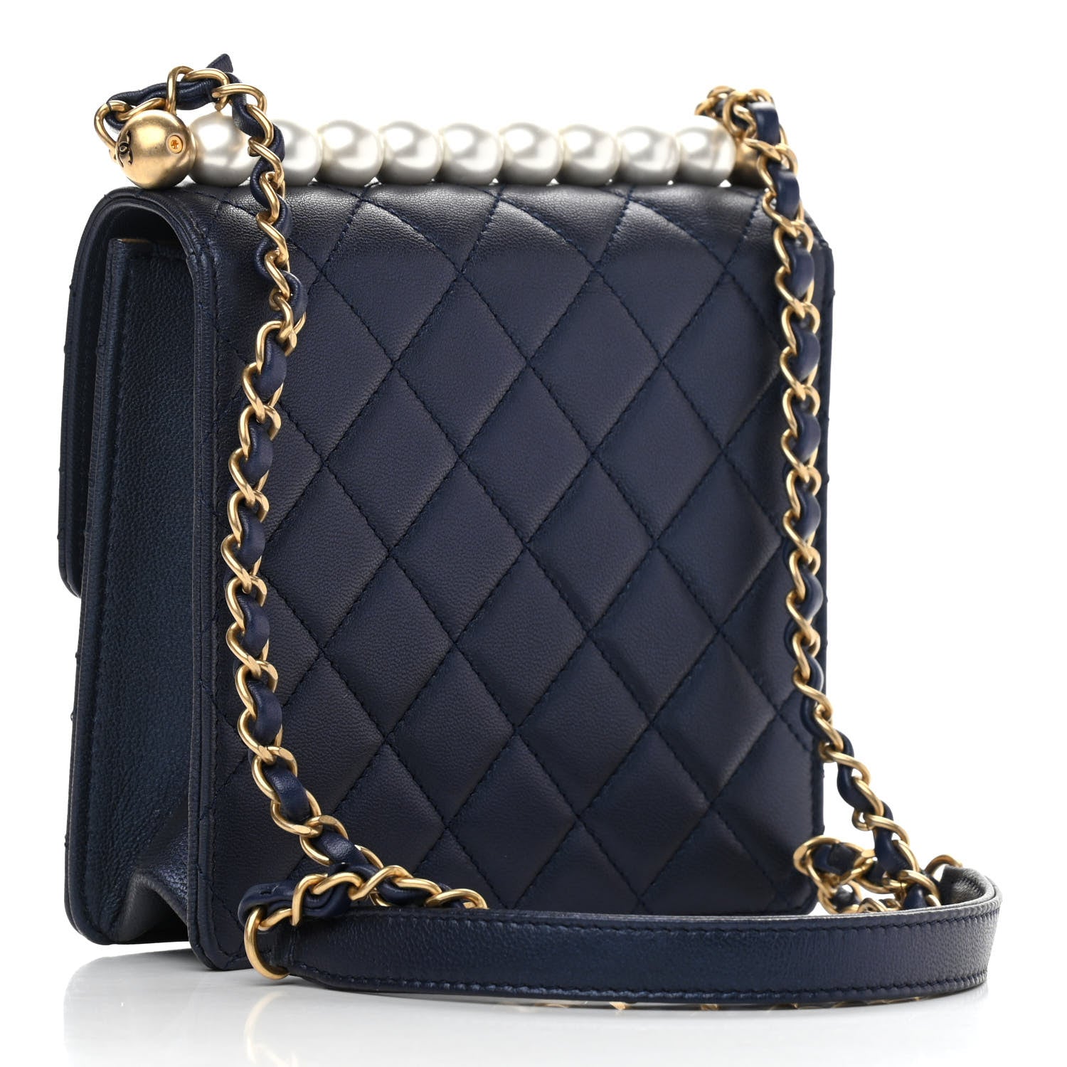 Chanel Iridescent Lambskin Quilted Chic Pearls Flap Navy Blue 3 of 9