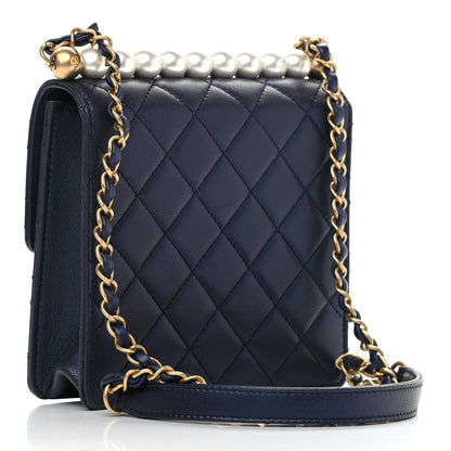Chanel Iridescent Lambskin Quilted Chic Pearls Flap Navy Blue 3 of 9
