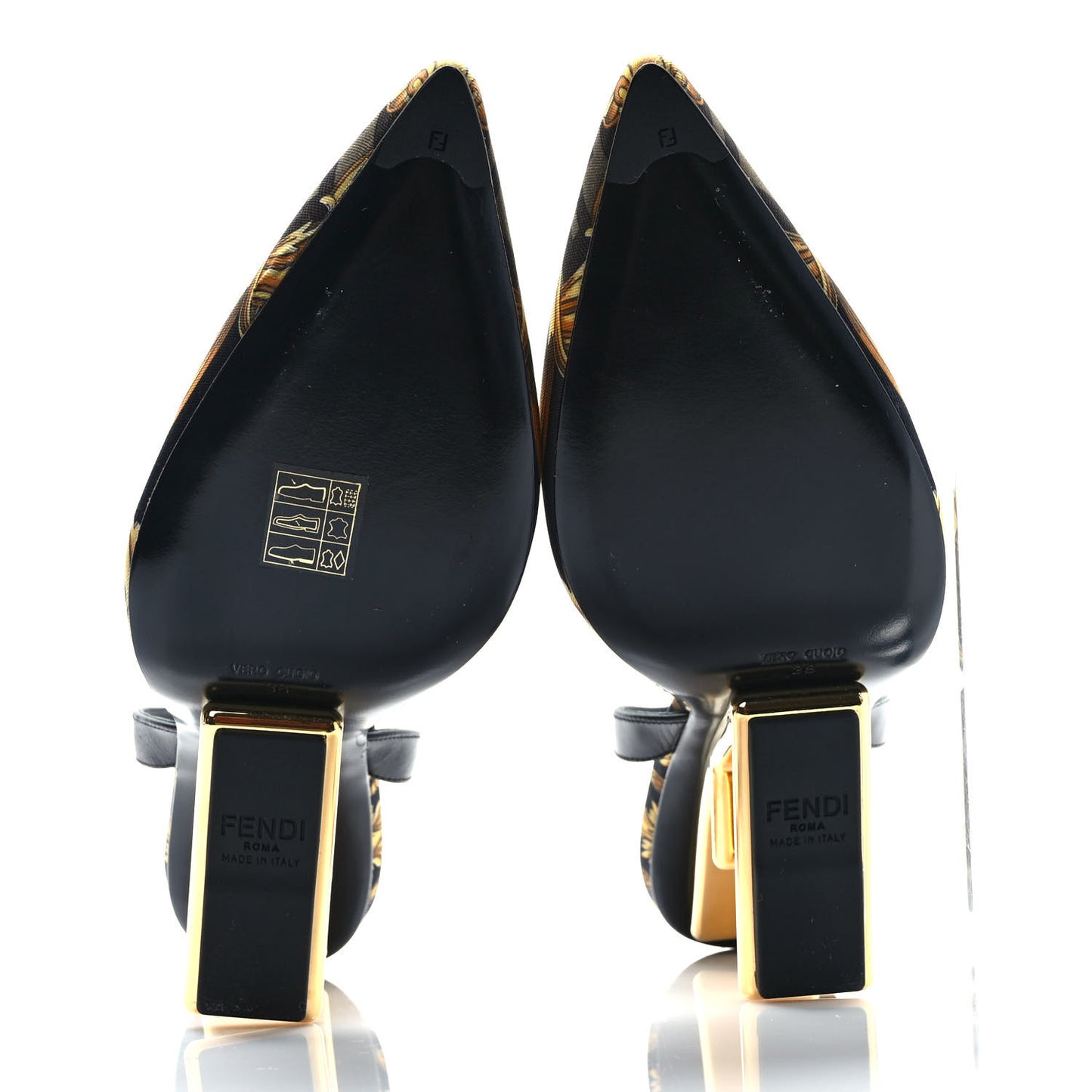 X VERSACE Silk Calfskin Fendace Fendi First 95mm Slingback Sandals 39 Tobacco Black Gold