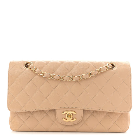 Caviar Quilted Medium Double Flap Beige