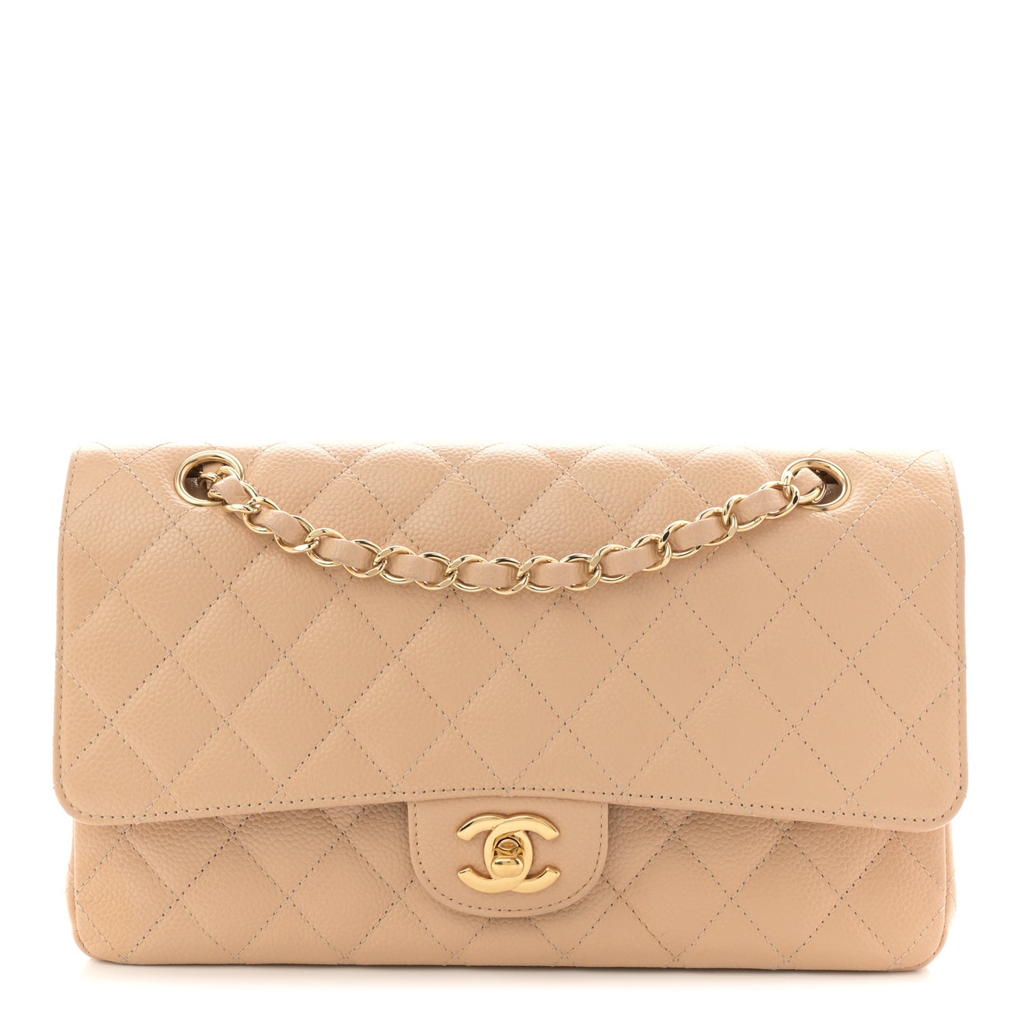 Caviar Quilted Medium Double Flap Beige