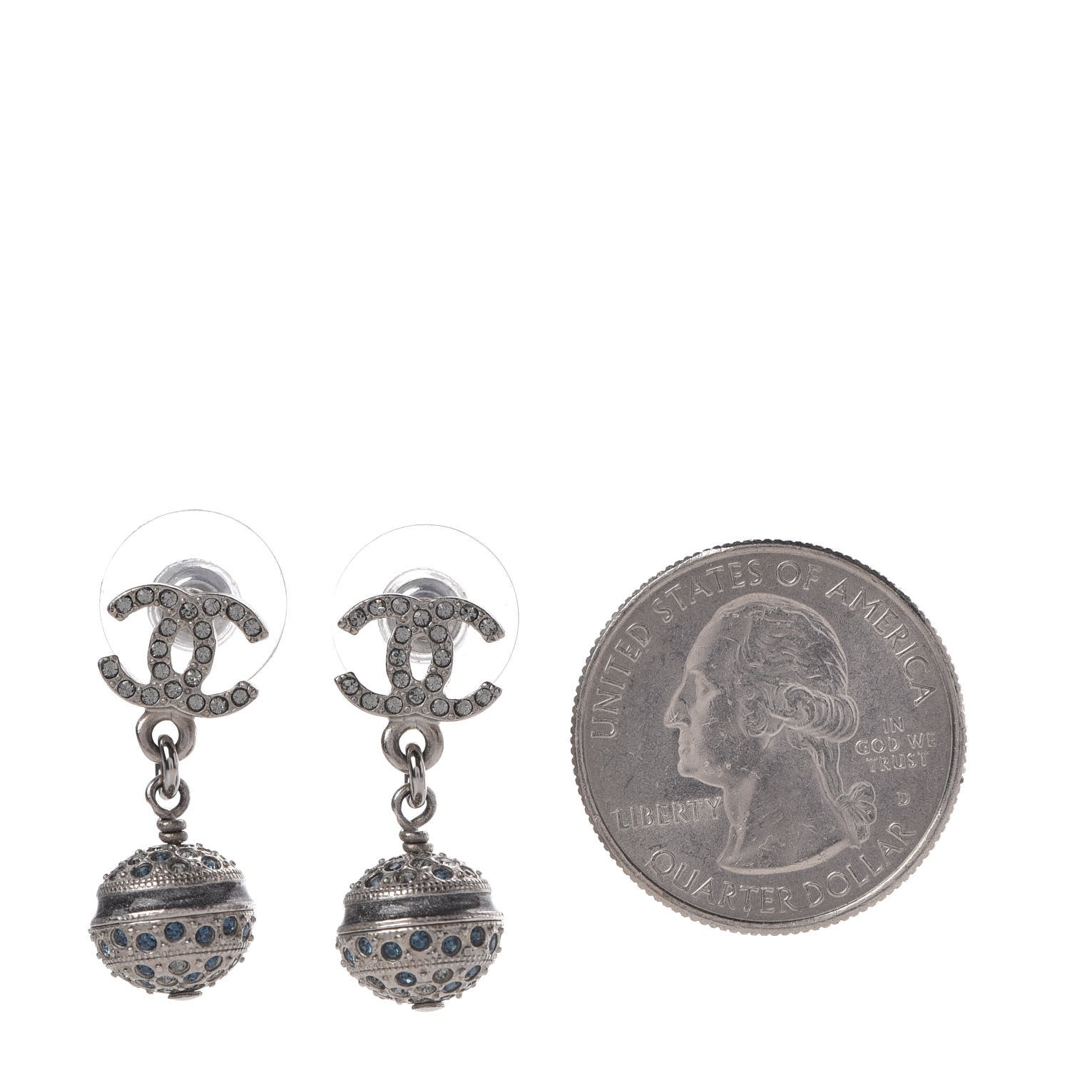 Chanel Crystal CC Drop Earrings Blue Silver 2 of 5
