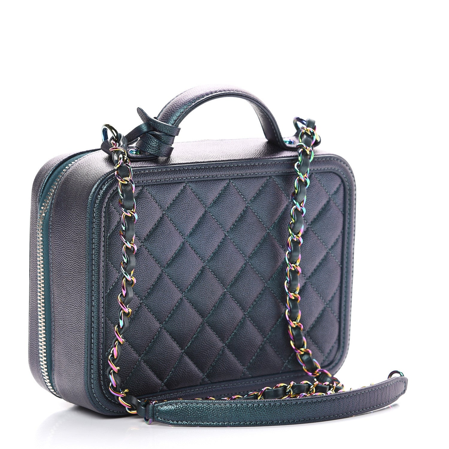 Chanel Iridescent Caviar Quilted Medium CC Filigree Vanity Case Dark Turquoise 2 of 10