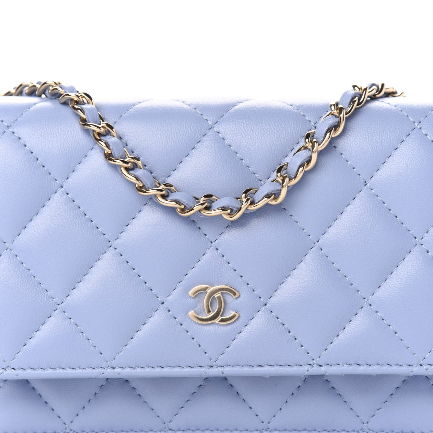 Lambskin Quilted Mini Wallet On Chain WOC Light Blue