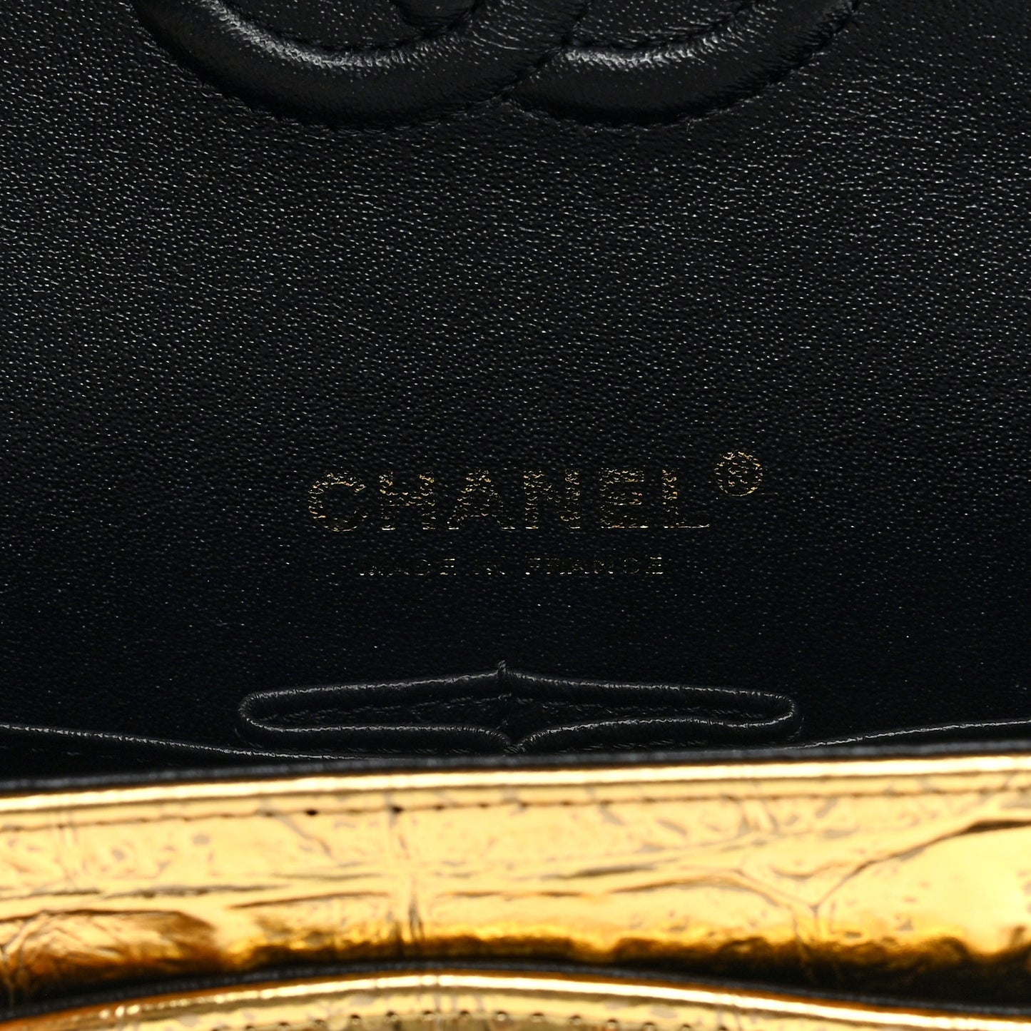 Metallic Calfskin Crocodile Embossed Cocodile Small Double Flap  Gold