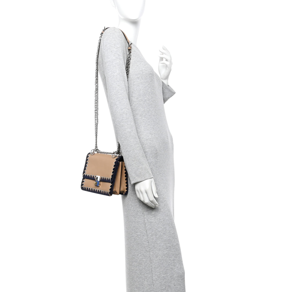 Fendi Vitello Liberty Lucido Ribbon Lace Up Studded Small Kan I Shoulder Bag Cuoio Navy 2 of 17