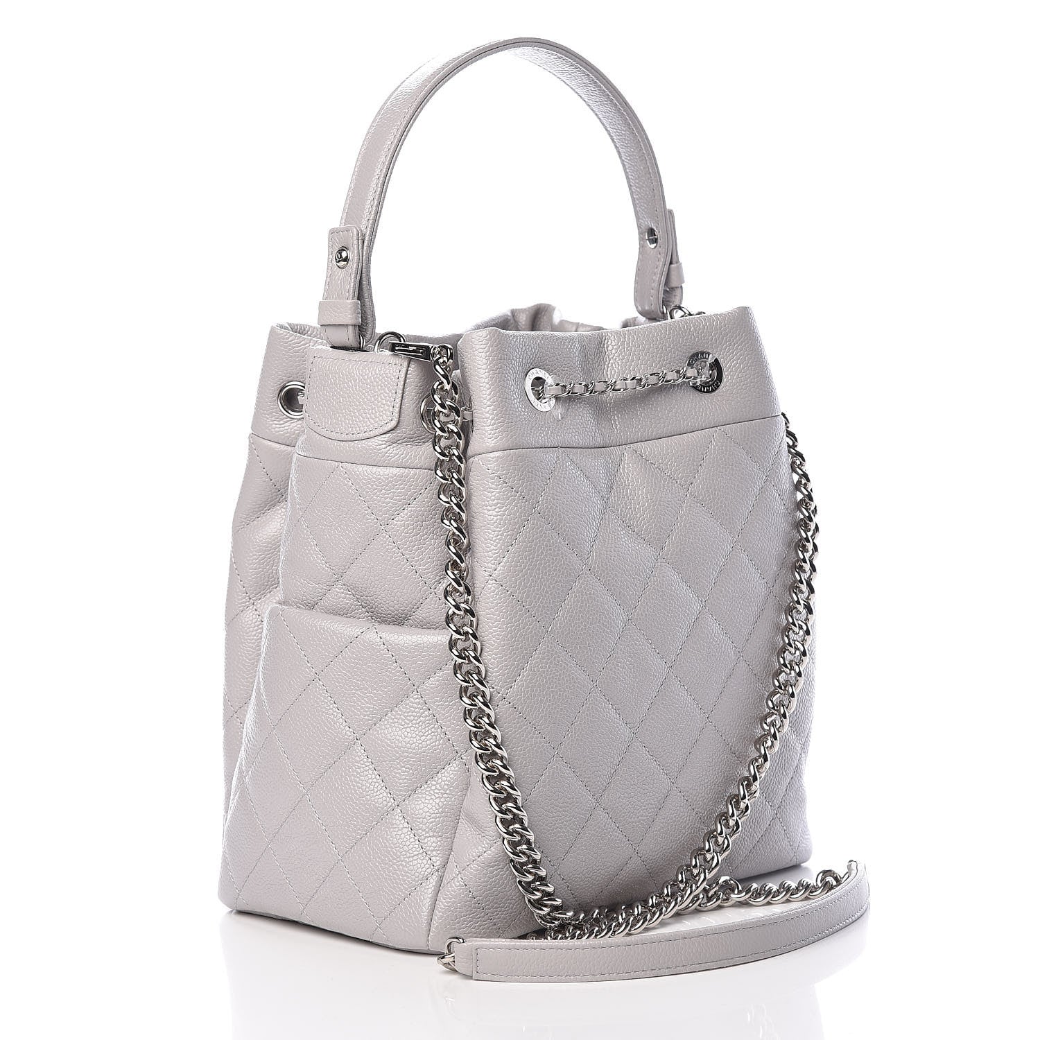 Chanel Grained Calfskin Quilted Medium CC Chain Bucket Drawstring Bag Light Grey 3 of 10