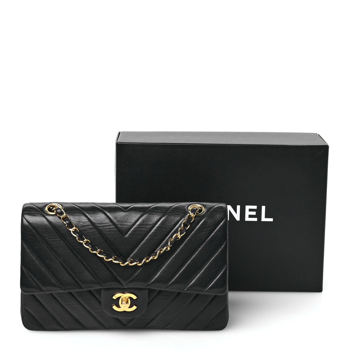 Lambskin Chevron Quilted Medium Double Flap Black