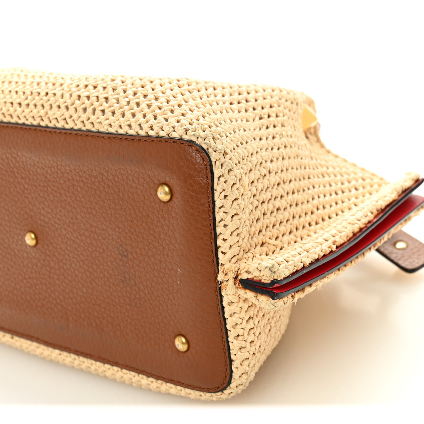 Raffia Grained Calfskin Small Rockstud Vlogo Tote Naturale