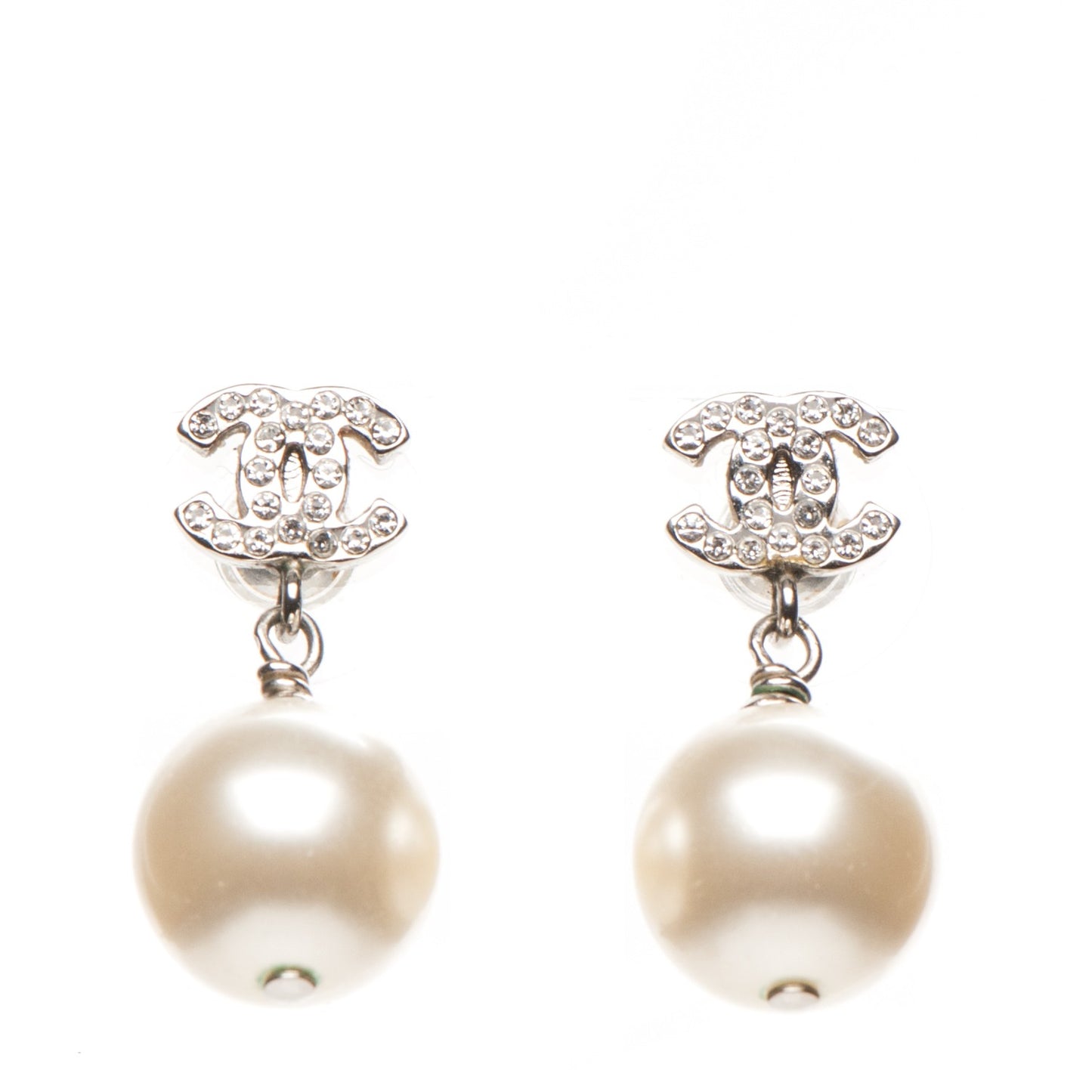 Crystal Pearl CC Drop Earrings Silver