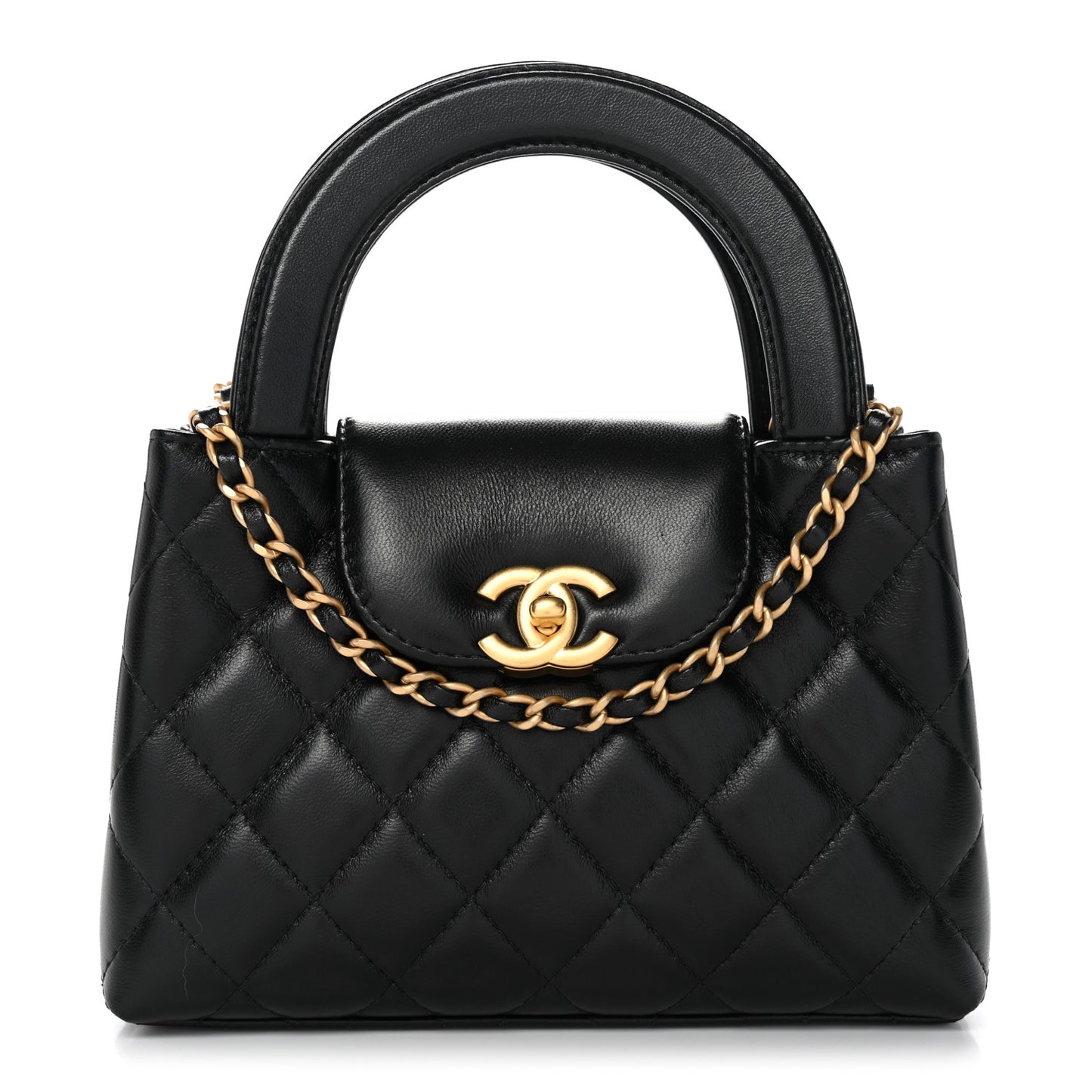 Shiny Aged Calfskin Quilted Nano Kelly Shopper Black