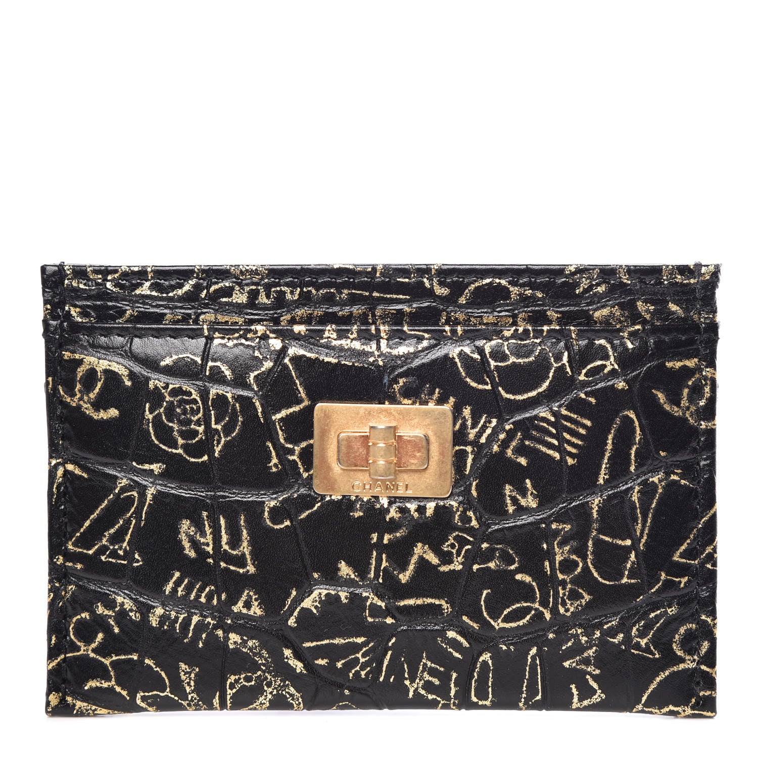 Chanel Calfskin Crocodile Embossed Graffiti 2.55 Cocodile Reissue Card Holder Black Gold 1 of 9