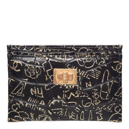 Chanel Calfskin Crocodile Embossed Graffiti 2.55 Cocodile Reissue Card Holder Black Gold 1 of 9