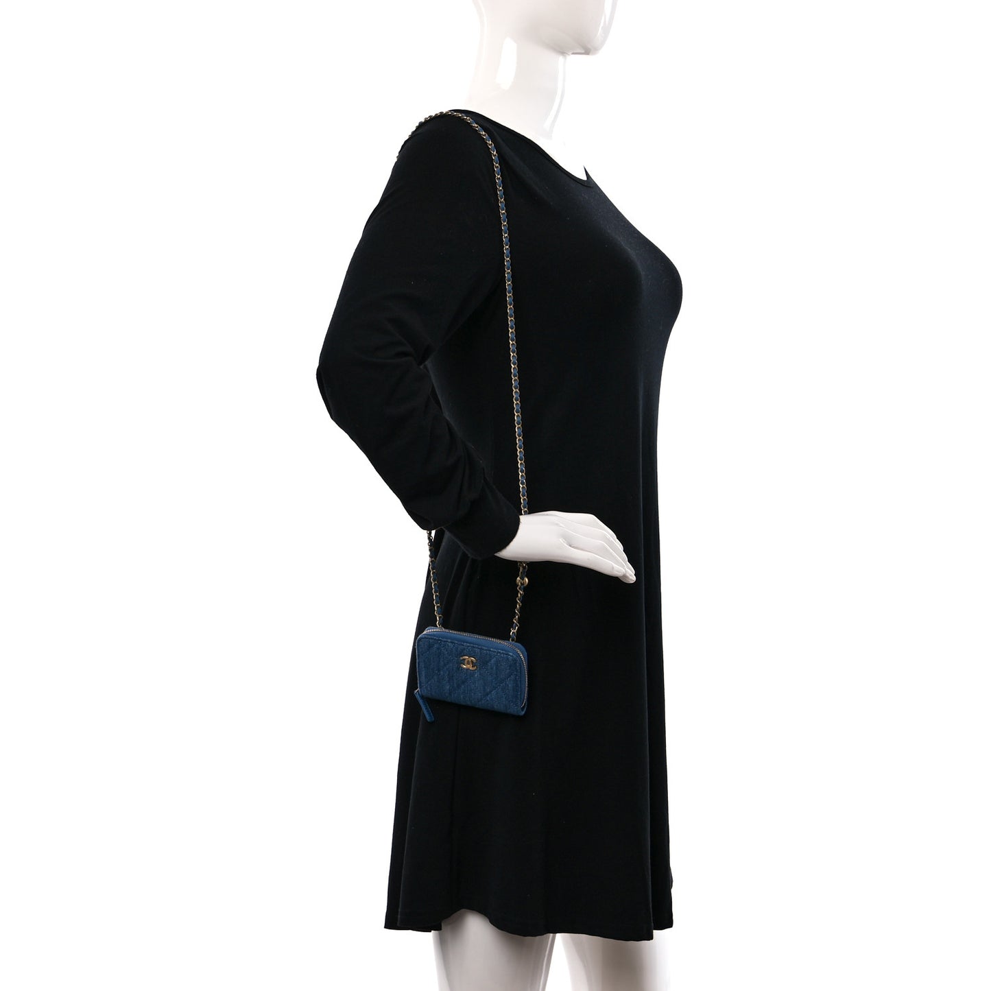 Denim Quilted CC Pearl Crush Zip Card Holder On Chain Blue