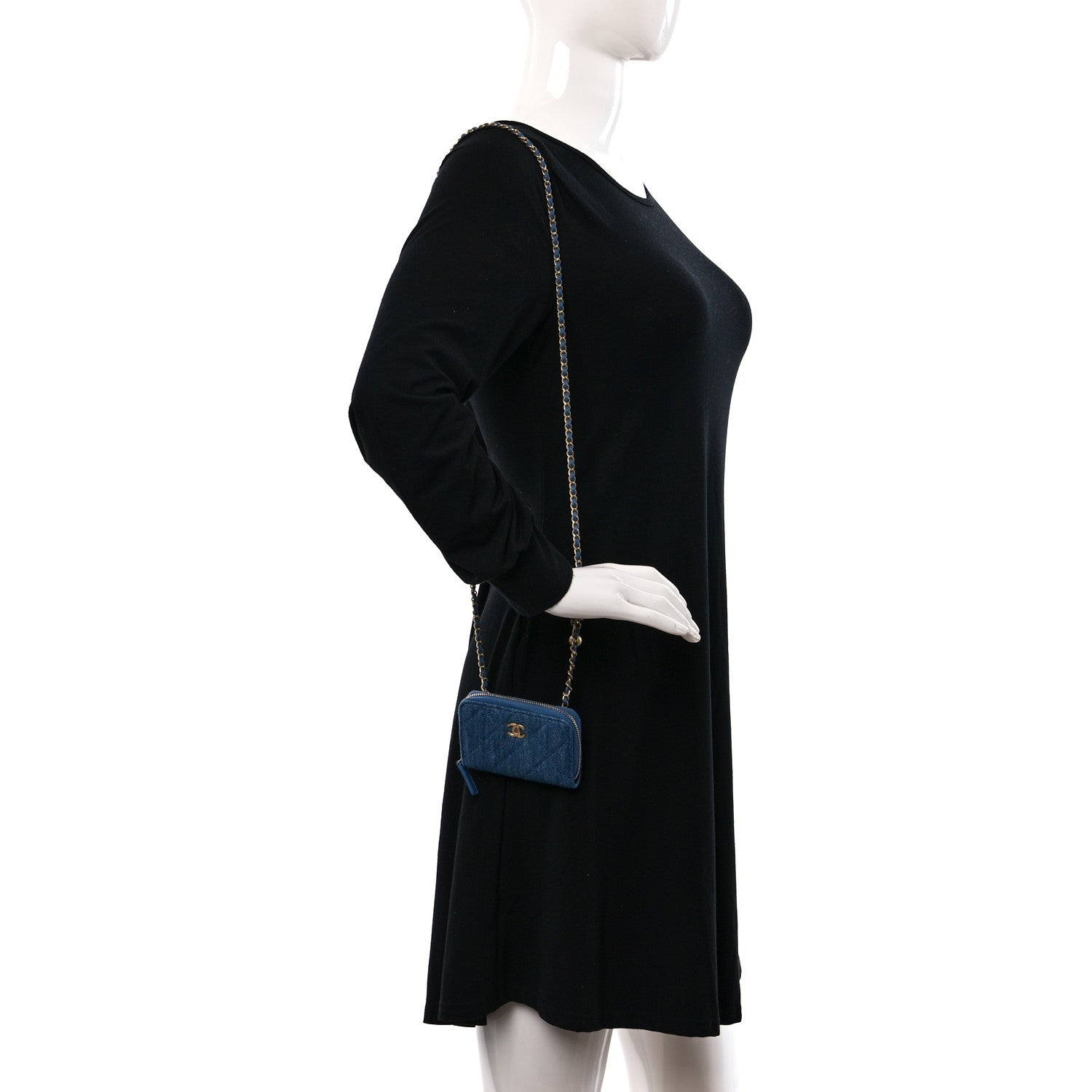 Chanel Denim Quilted CC Pearl Crush Zip Card Holder On Chain Blue 2 of 11