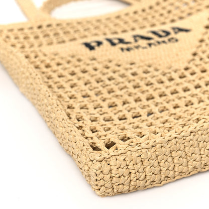 Prada Yarn Raffia Effect Crochet Logo Embroidered Tote Bag Naturale 7 of 8