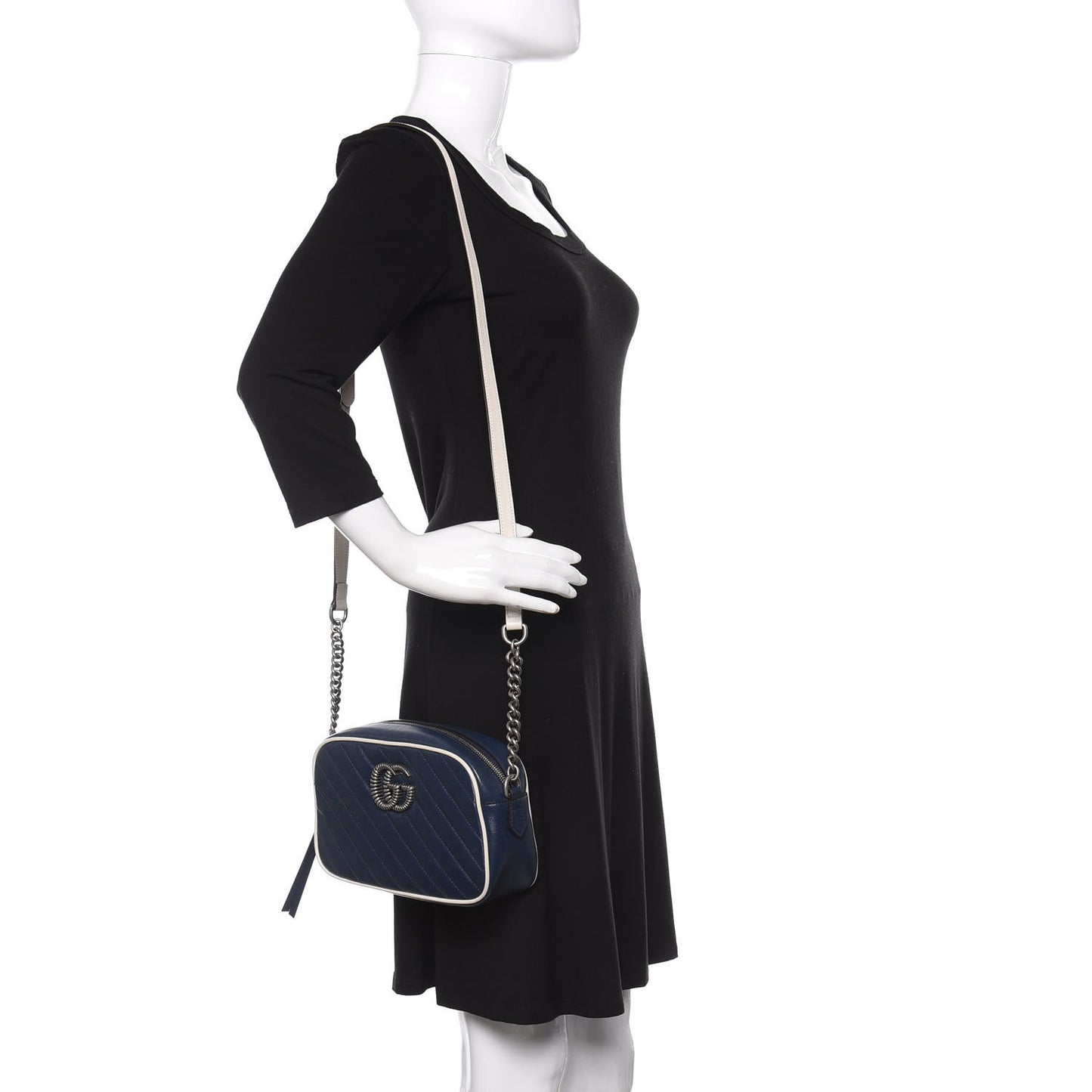 Vintage Effect Calfskin Matelasse Diagonal Small Torchon GG Marmont Chain Shoulder Bag Blue Agata Mystic White