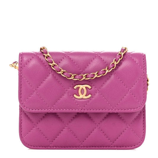 Lambskin Quilted Pearl Crush Clutch With Chain Purple
