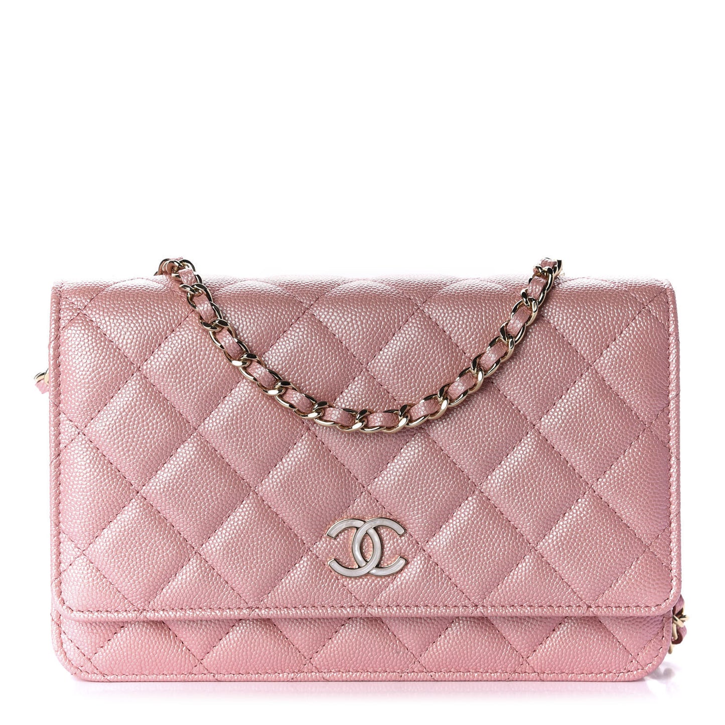 Iridescent Caviar Quilted Wallet on Chain WOC Pink