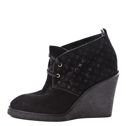 Louis Vuitton Monogram Suede Wedge Ankle Boots 41 Black 1 of 11